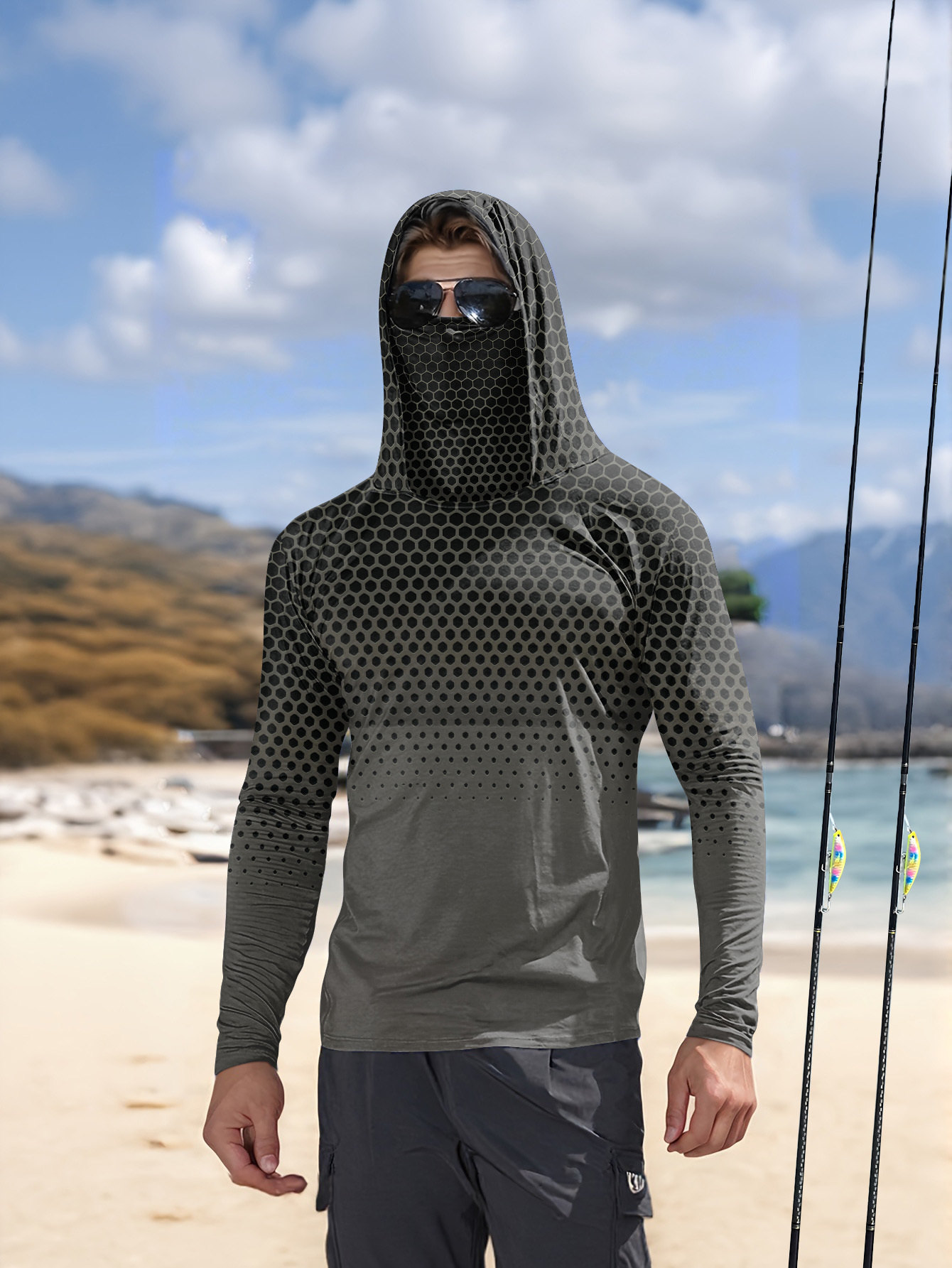 Fishing Shirt Uv Protection - 그레이 그라데이션 허니콤 남성용 낚시 후드