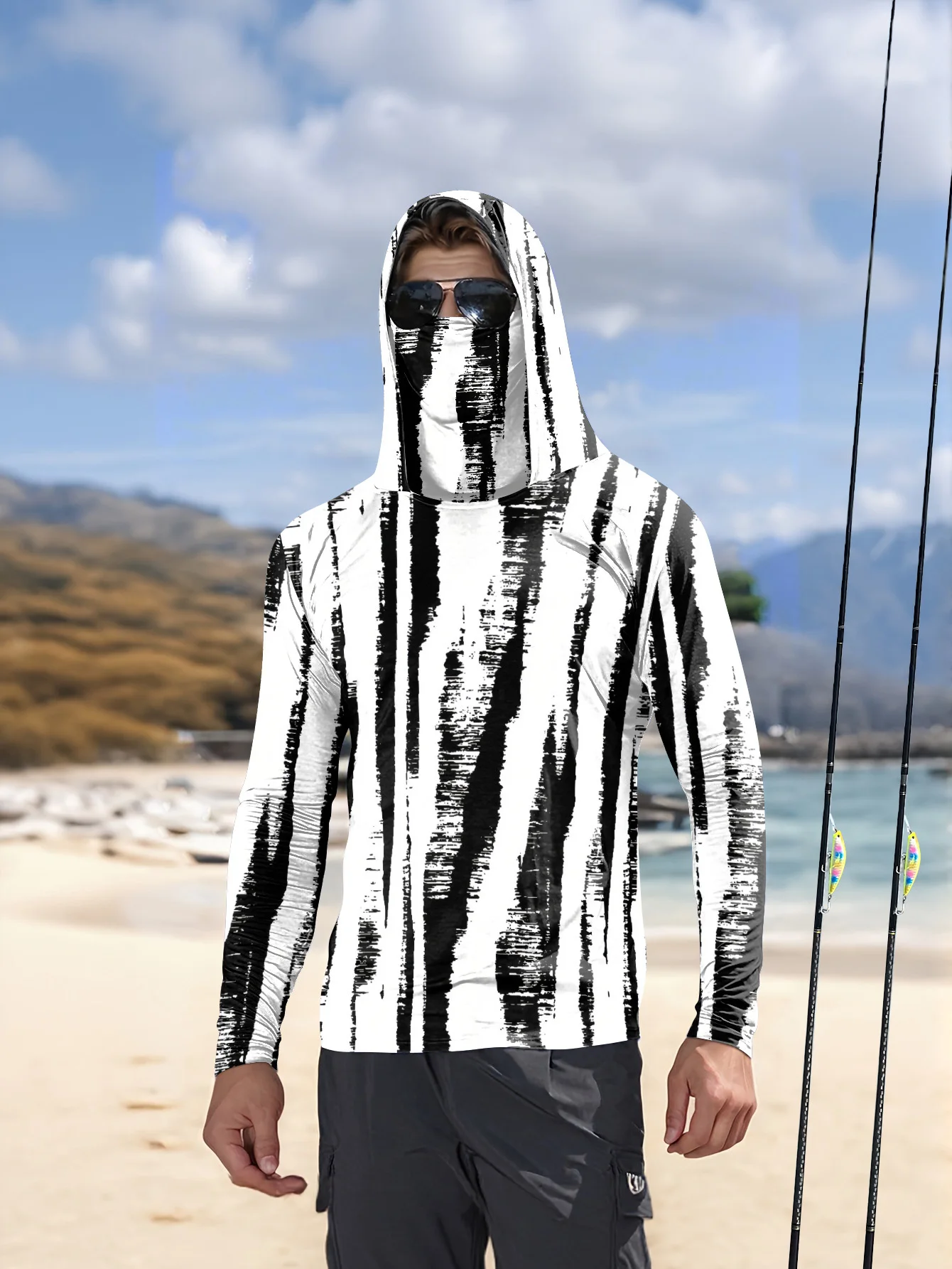 남성용 검은색-흰색 줄무늬 낚시용 후드티, 얼굴 가리개 - Fishing Mask Sun Protection 리뷰 및 가격